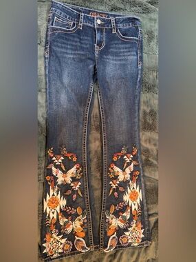 Grace Dark Blue Kids Jeans with Orange and Cream Floral Embroidery